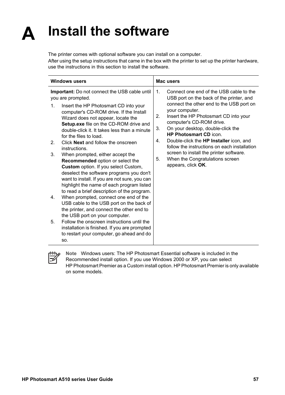 Install the software | HP Photosmart A512 Compact Photo Printer User Manual | Page 60 / 66