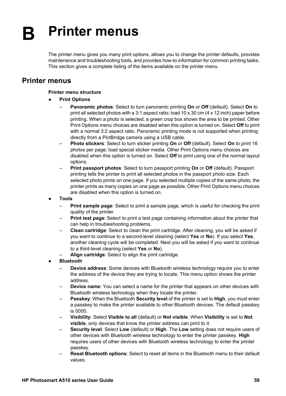 Printer menus, Printer menus printer menus | HP Photosmart A512 Compact Photo Printer User Manual | Page 62 / 66