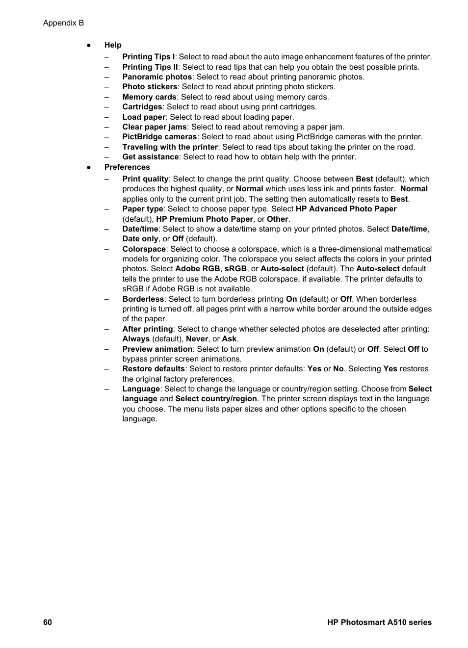 HP Photosmart A512 Compact Photo Printer User Manual | Page 63 / 66