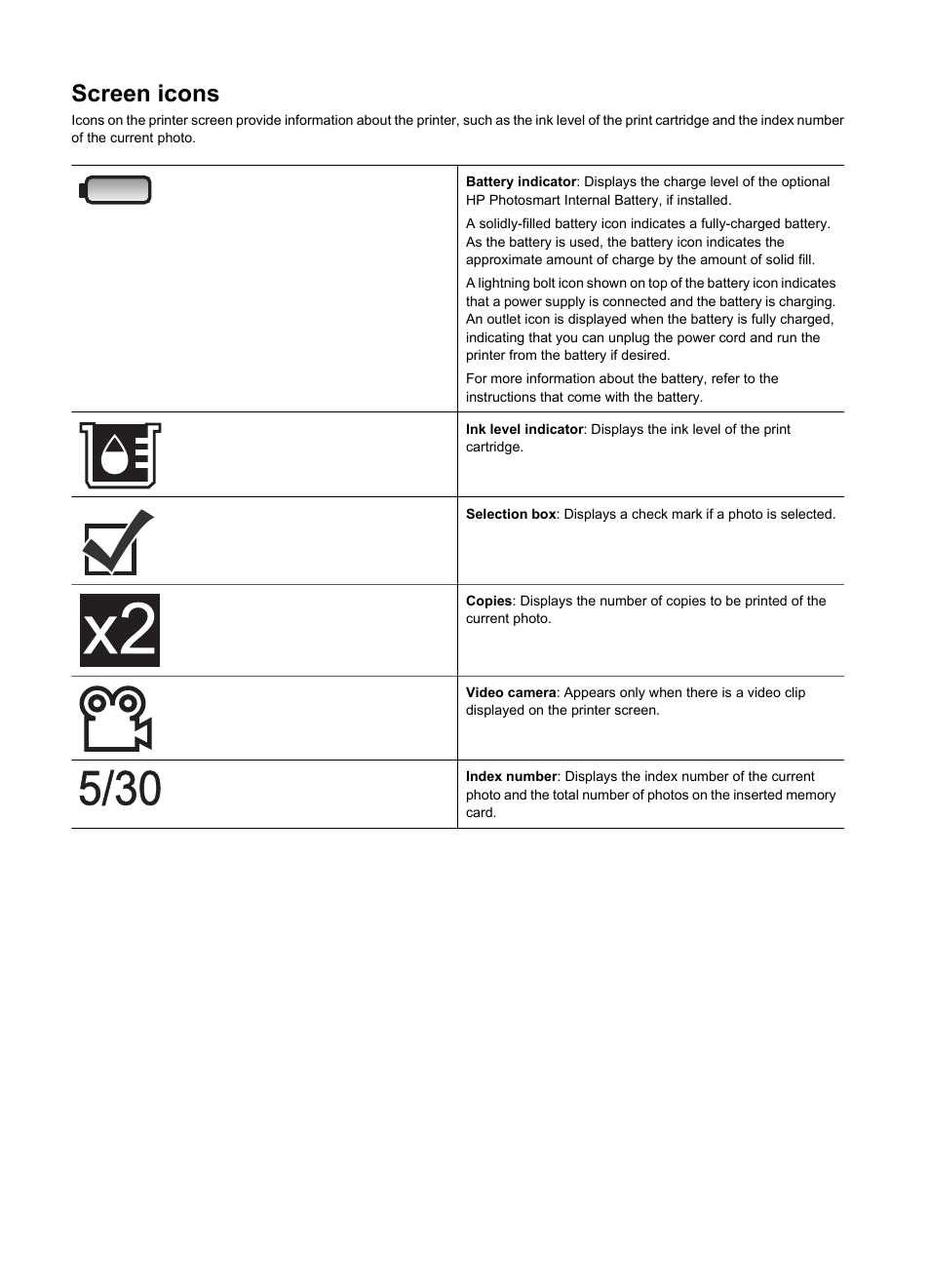 Screen icons | HP Photosmart A512 Compact Photo Printer User Manual | Page 66 / 66