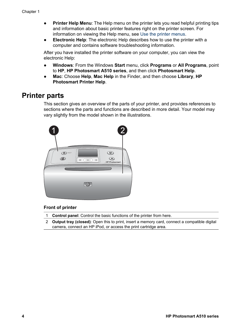 Printer parts | HP Photosmart A512 Compact Photo Printer User Manual | Page 7 / 66