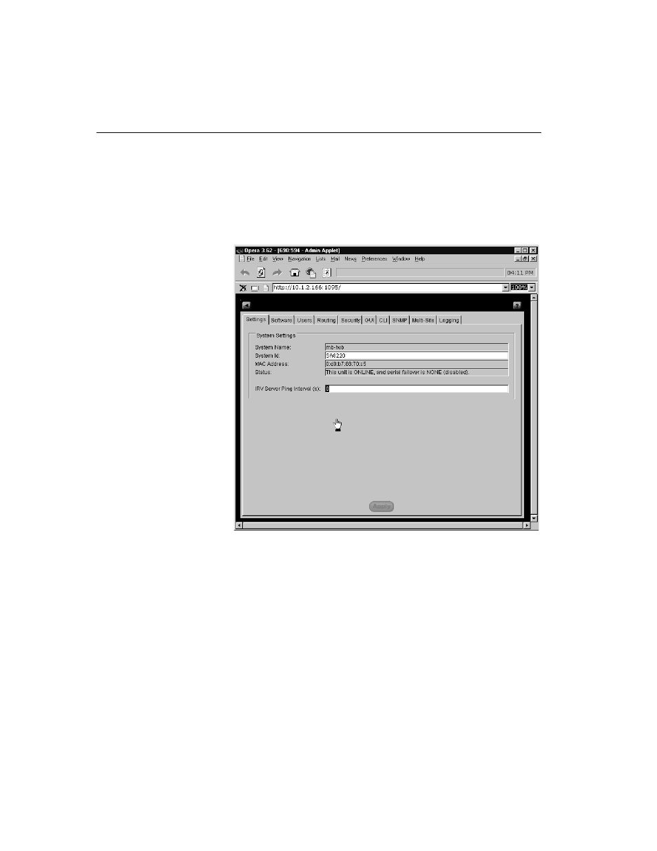 Administration screen, Settings tab | HP Traffic Director sa7220 User Manual | Page 94 / 352