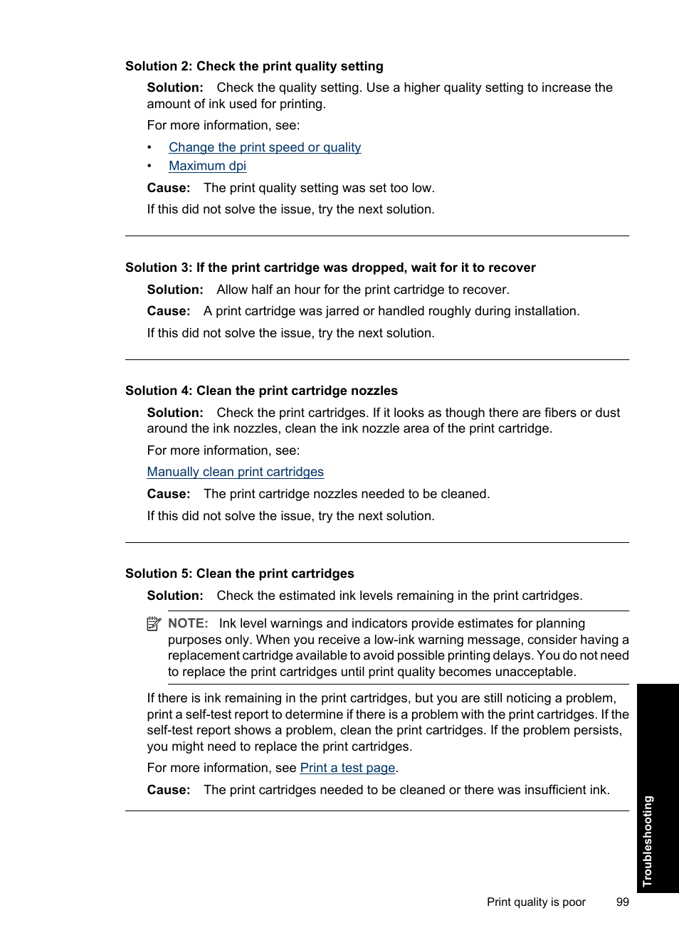 Solution 2: check the print quality setting, Solution 4: clean the print cartridge nozzles, Solution 5: clean the print cartridges | HP Deskjet D2560 Printer User Manual | Page 102 / 121