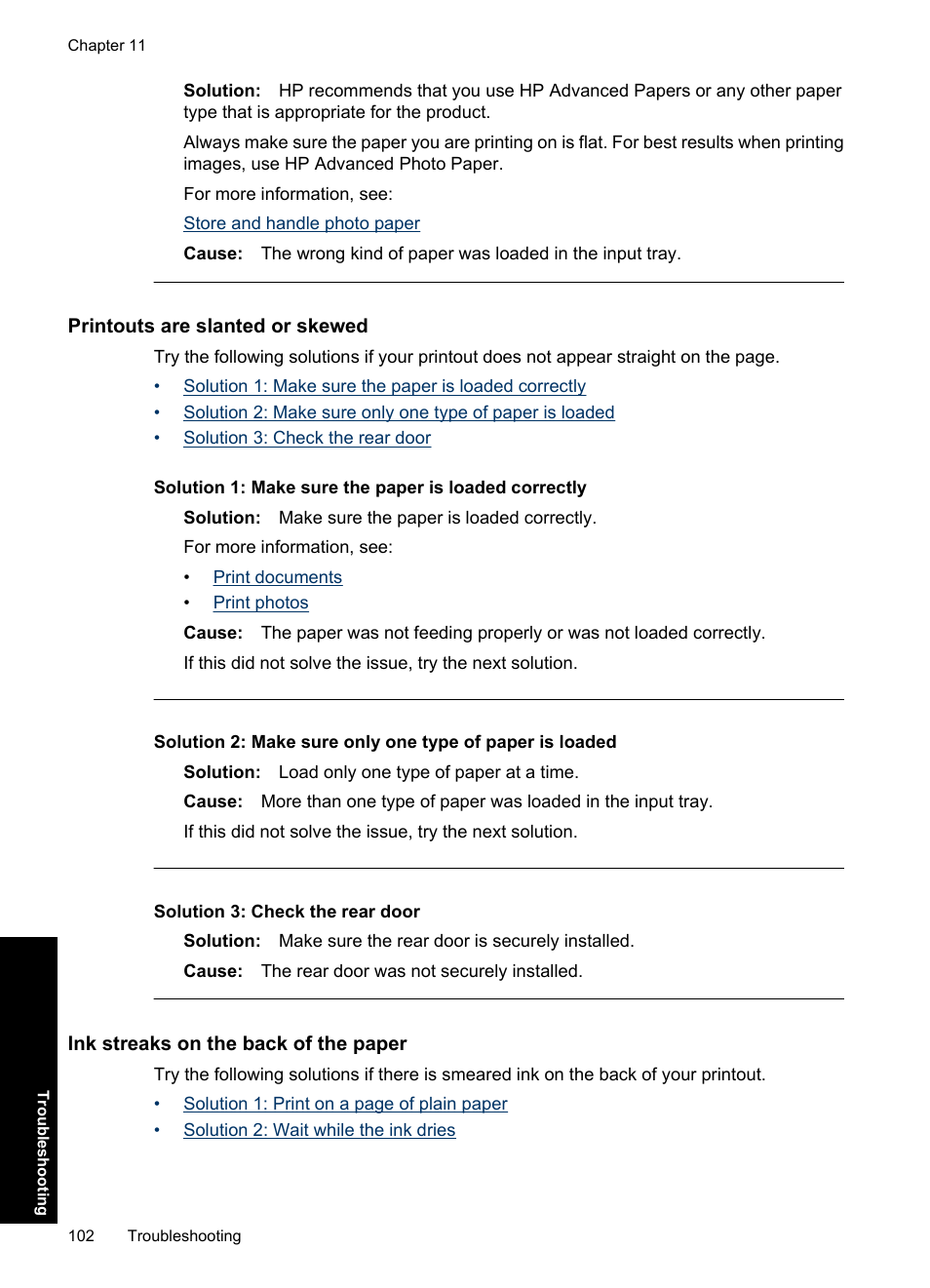 Printouts are slanted or skewed, Ink streaks on the back of the paper | HP Deskjet D2560 Printer User Manual | Page 105 / 121