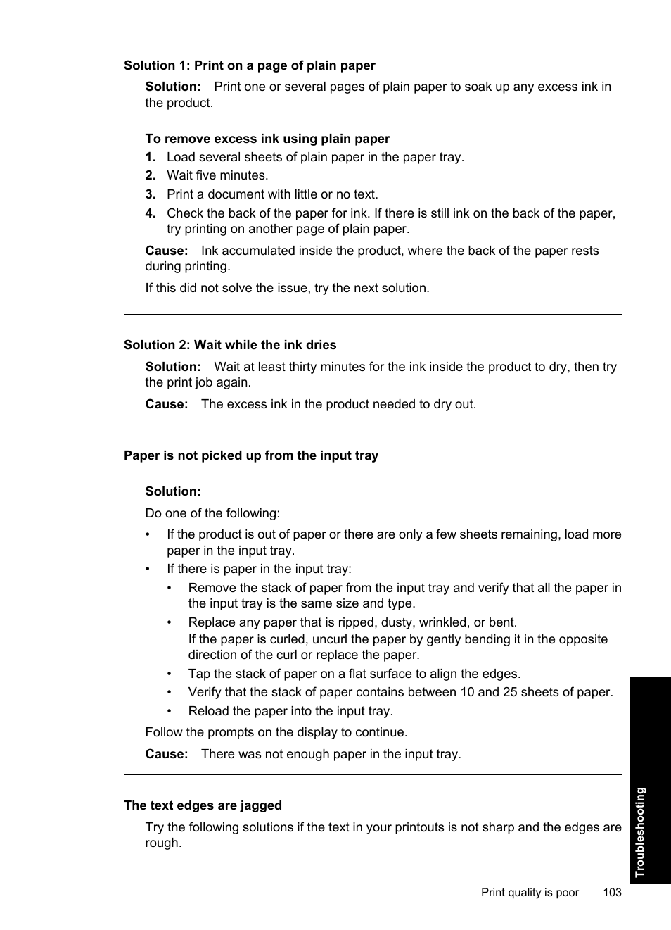 Paper is not picked up from the input tray, The text edges are jagged, Solution 2: wait while the ink dries | HP Deskjet D2560 Printer User Manual | Page 106 / 121