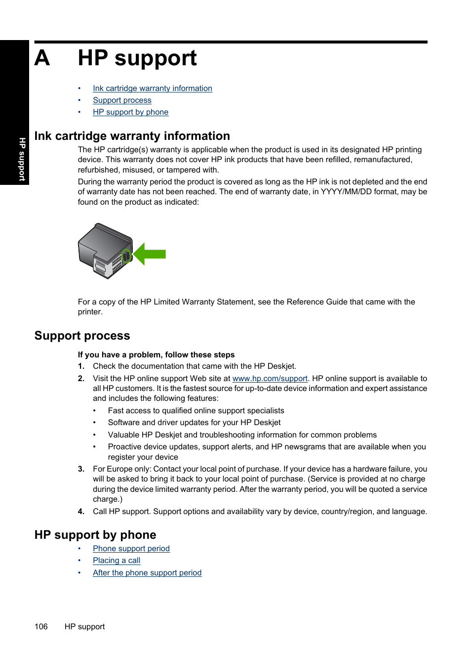 Hp support, Ink cartridge warranty information, Support process | Hp support by phone, A hp support, Ahp support | HP Deskjet D2560 Printer User Manual | Page 109 / 121