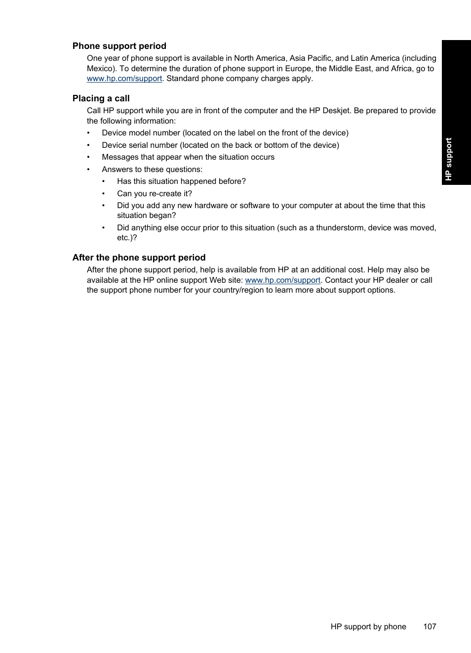 Phone support period, Placing a call, After the phone support period | HP Deskjet D2560 Printer User Manual | Page 110 / 121