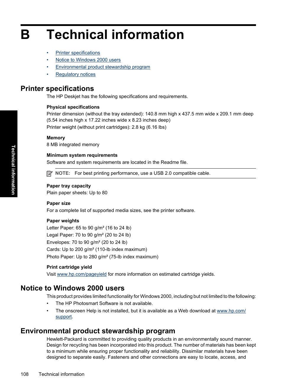 Technical information, Printer specifications, Notice to windows 2000 users | Environmental product stewardship program, B technical information, Paper weights, Btechnical information | HP Deskjet D2560 Printer User Manual | Page 111 / 121