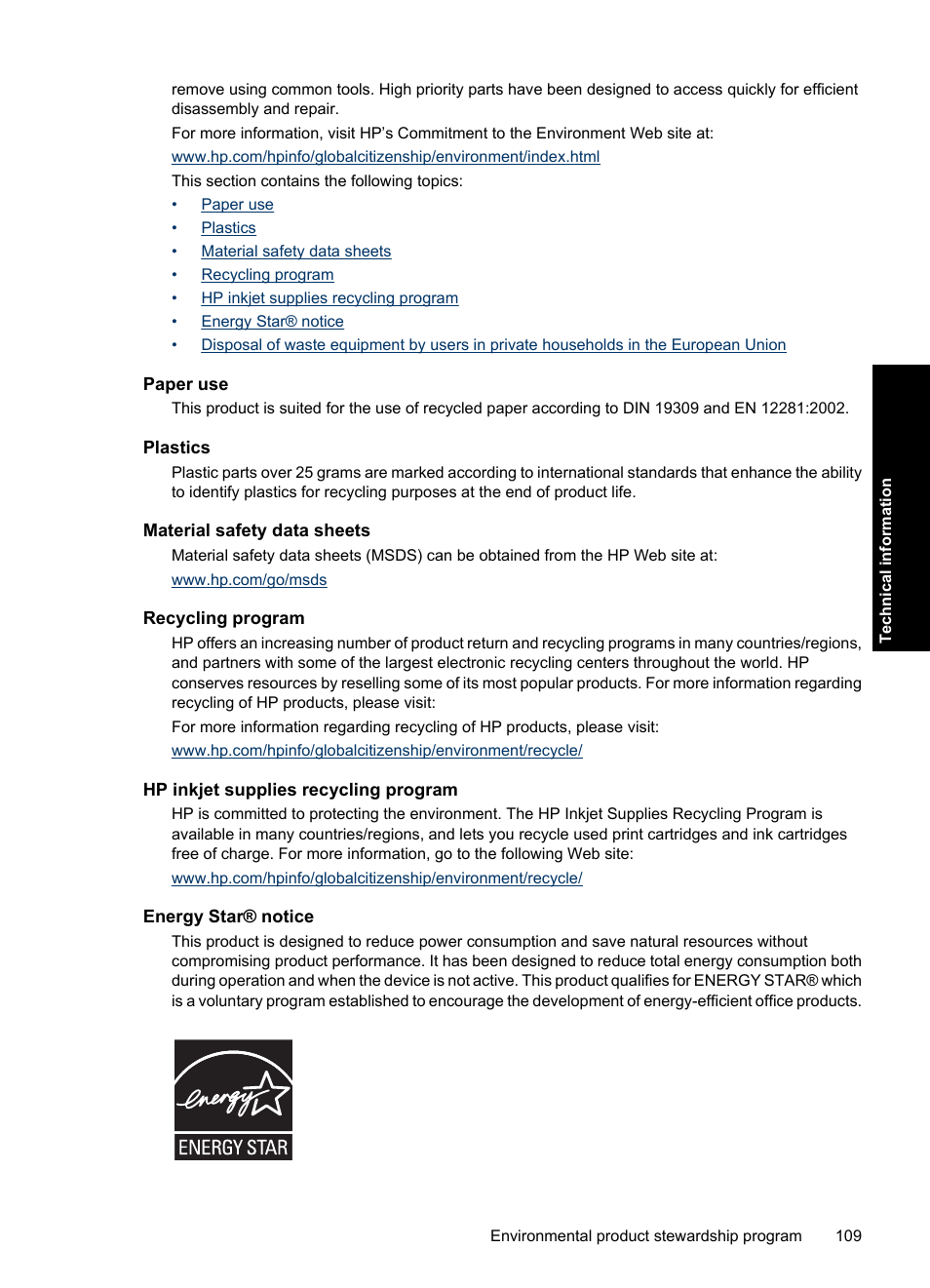 Paper use, Plastics, Material safety data sheets | Recycling program, Hp inkjet supplies recycling program, Energy star® notice, Ridges, see, Hp inkjet supplies recycling, Program | HP Deskjet D2560 Printer User Manual | Page 112 / 121