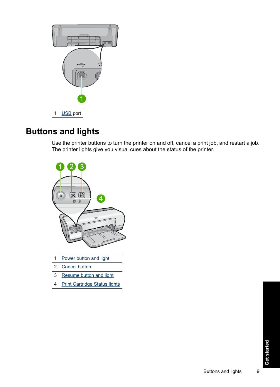 Buttons and lights | HP Deskjet D2560 Printer User Manual | Page 12 / 121