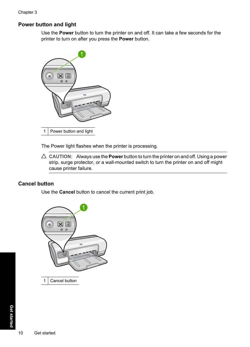 Power button and light, Cancel button | HP Deskjet D2560 Printer User Manual | Page 13 / 121