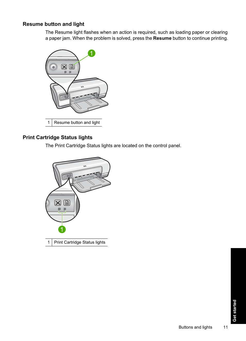 Resume button and light, Print cartridge status lights | HP Deskjet D2560 Printer User Manual | Page 14 / 121