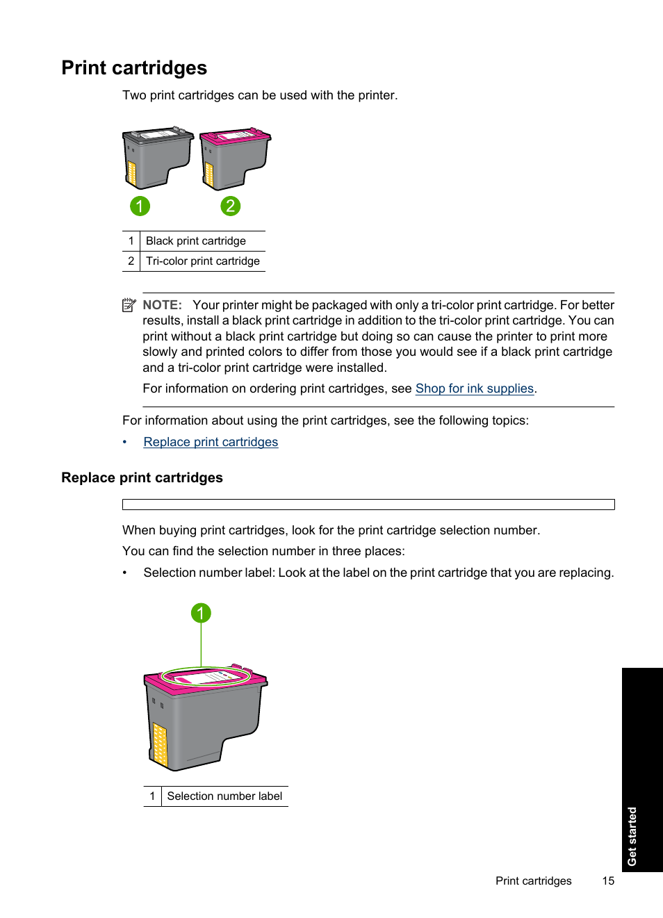 Print cartridges, Replace print cartridges | HP Deskjet D2560 Printer User Manual | Page 18 / 121