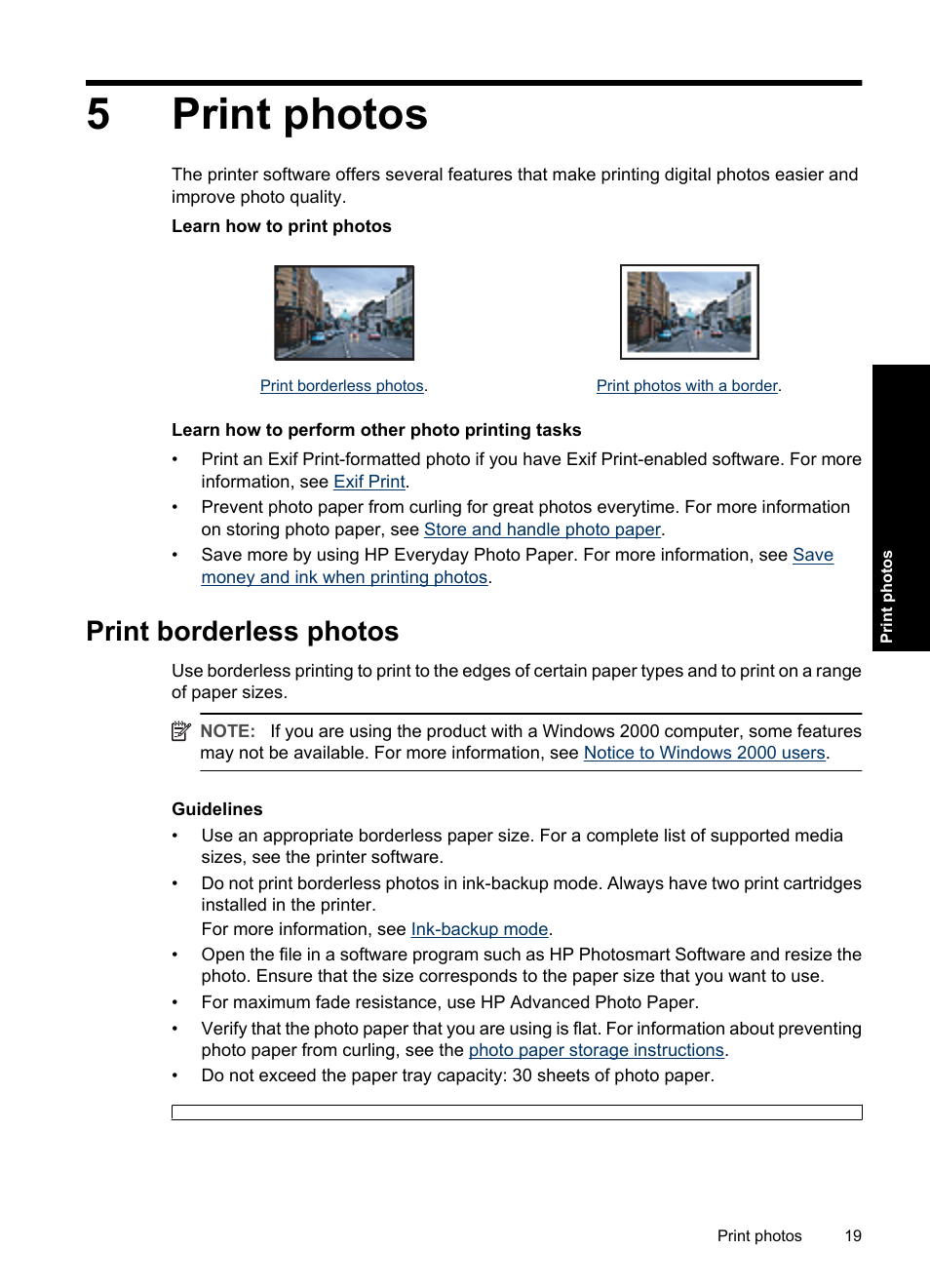 Print photos, Print borderless photos, 5 print photos | 5print photos | HP Deskjet D2560 Printer User Manual | Page 22 / 121