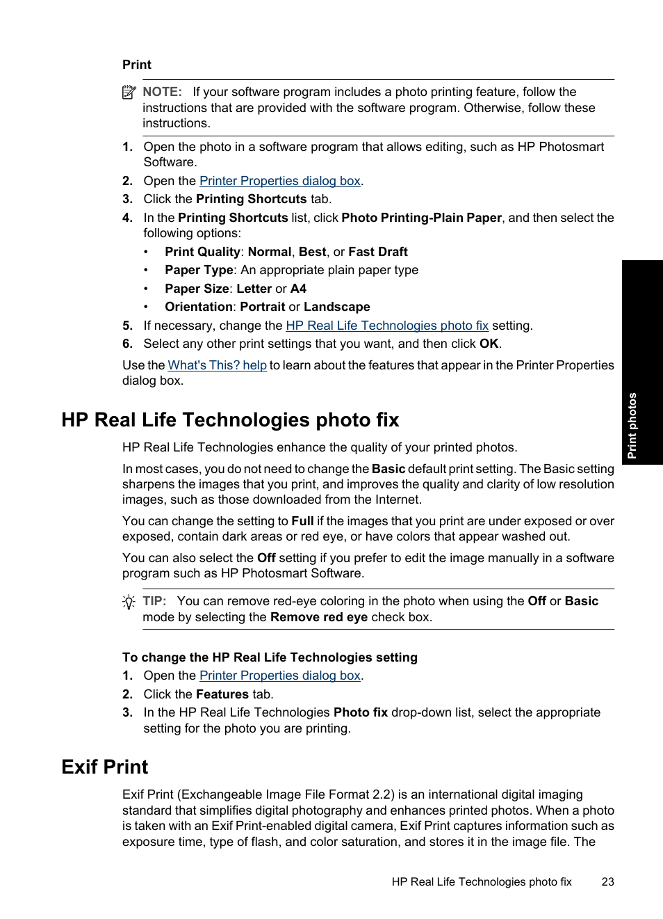 Hp real life technologies photo fix, Exif print, Hp real life technologies photo fix exif print | HP Deskjet D2560 Printer User Manual | Page 26 / 121