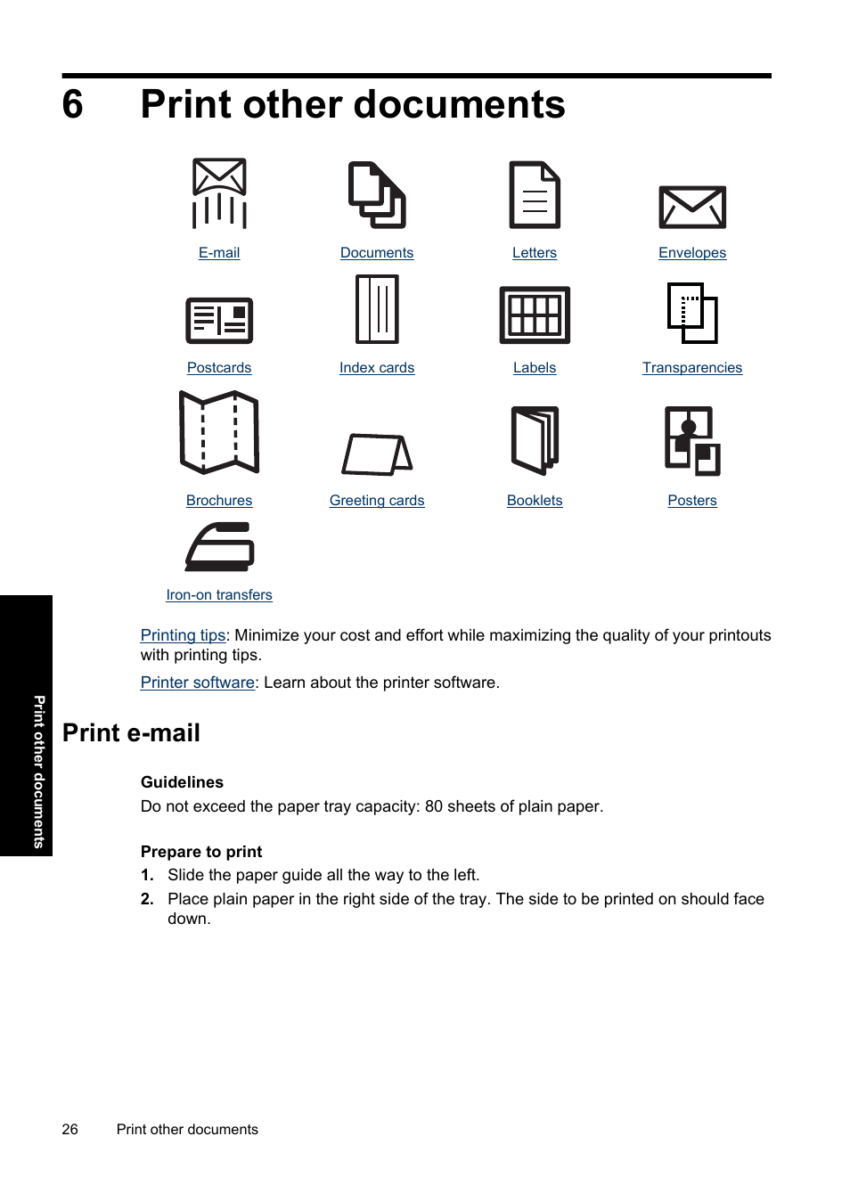 Print other documents, Print e-mail, 6 print other documents | 6print other documents | HP Deskjet D2560 Printer User Manual | Page 29 / 121