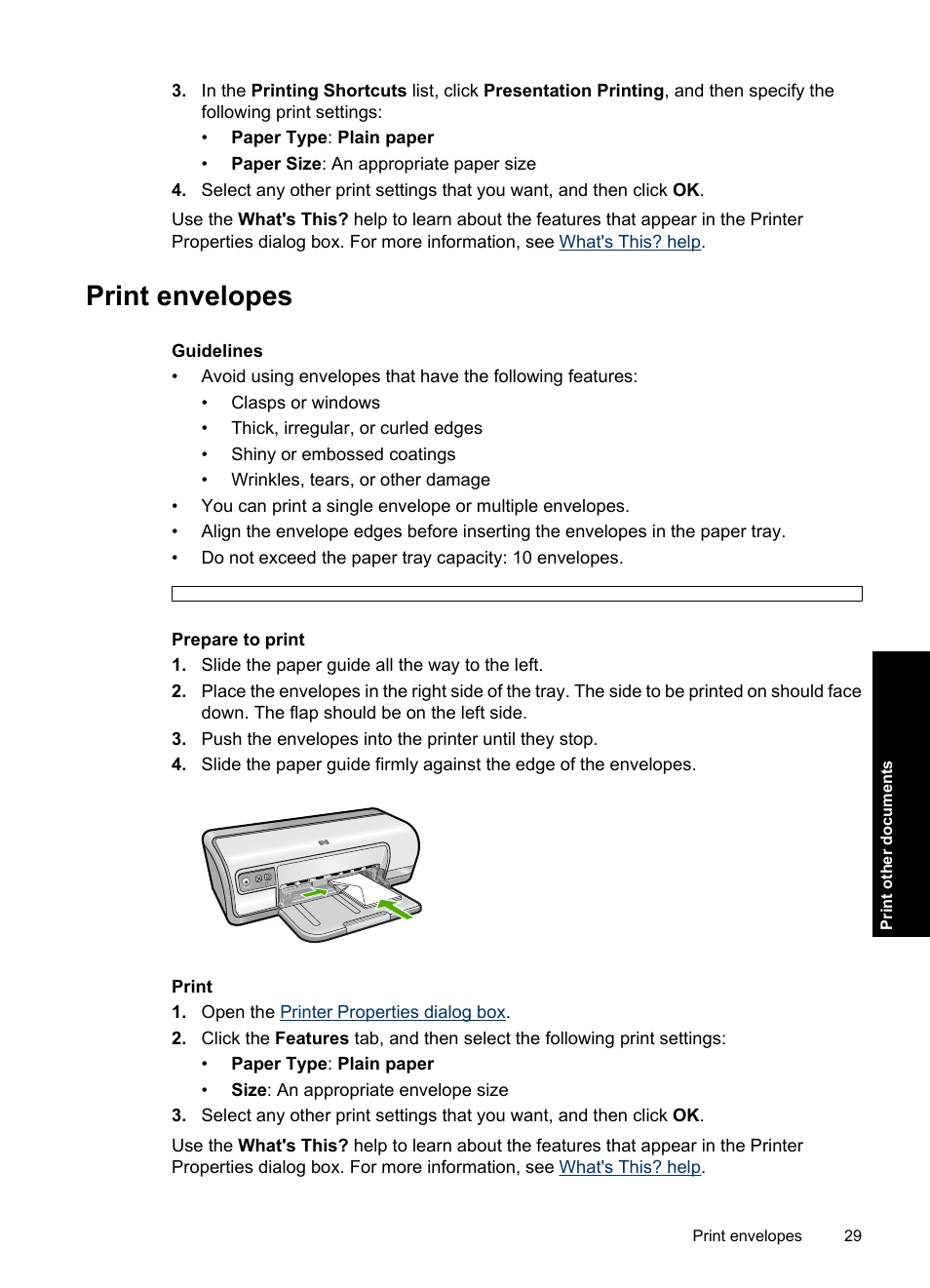 Print envelopes, Envelopes | HP Deskjet D2560 Printer User Manual | Page 32 / 121