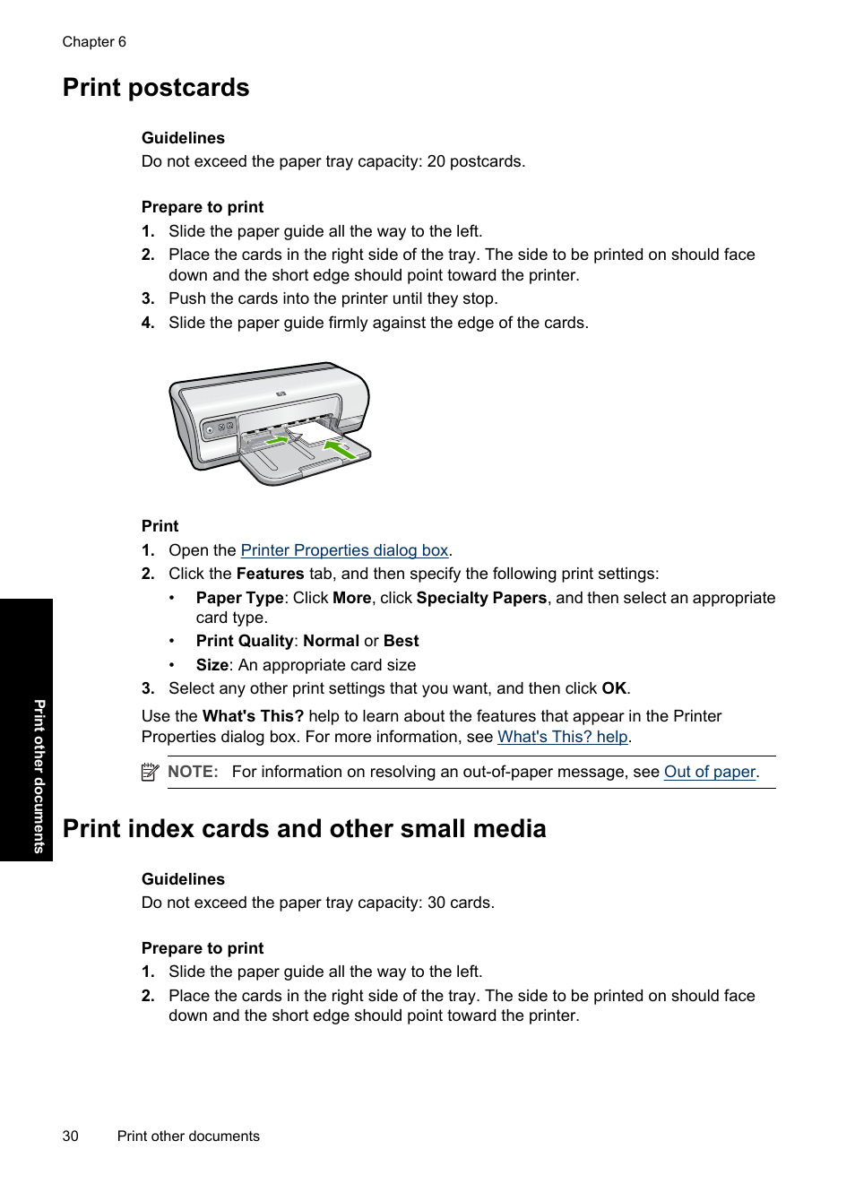 Print postcards, Print index cards and other small media, Postcards | Index cards | HP Deskjet D2560 Printer User Manual | Page 33 / 121