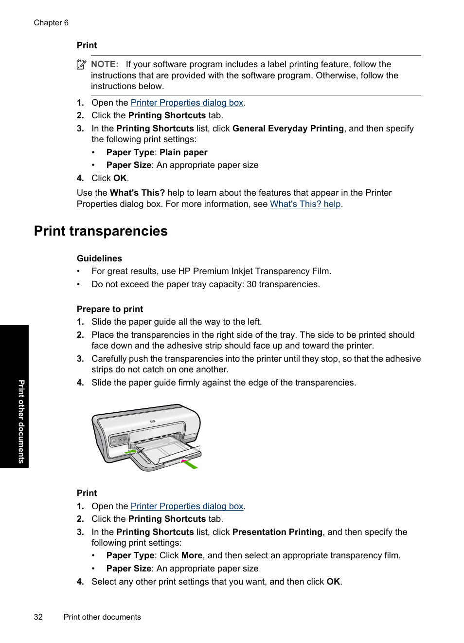 Print transparencies, Transparencies | HP Deskjet D2560 Printer User Manual | Page 35 / 121