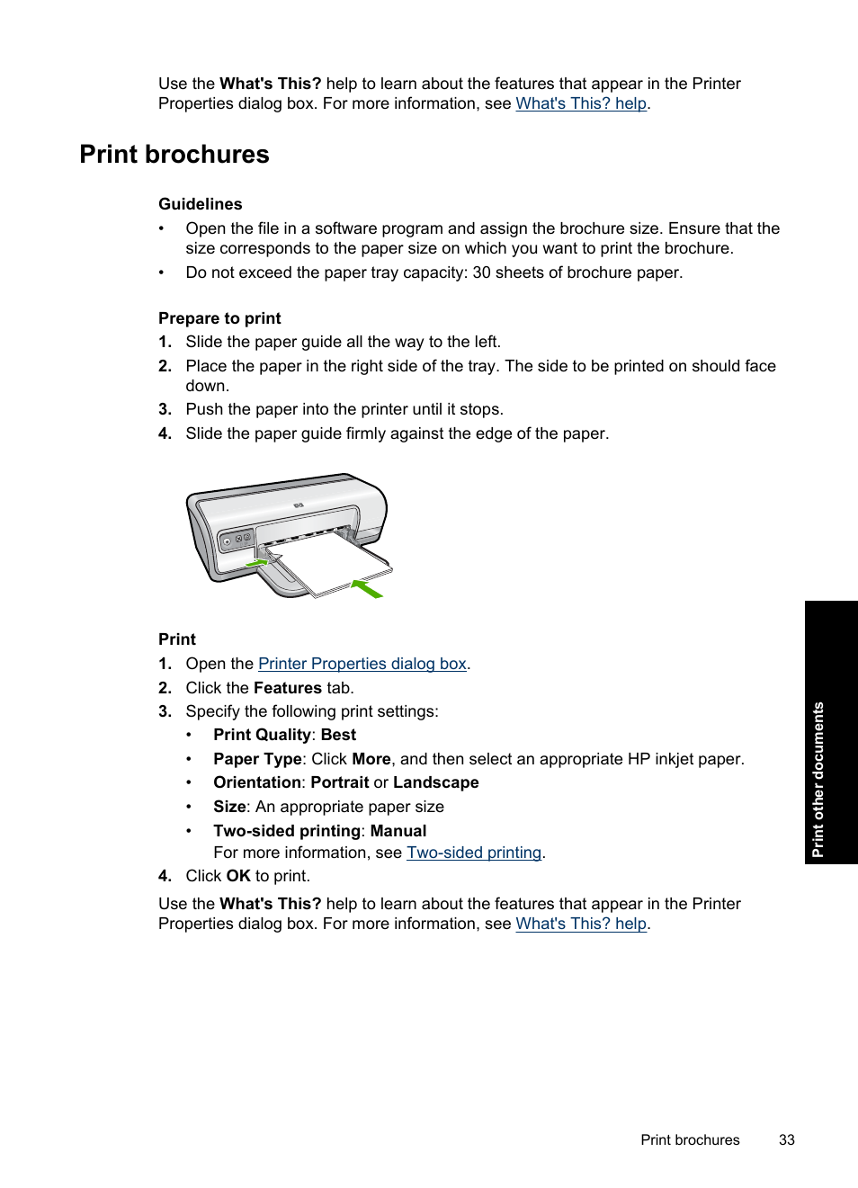 Print brochures, Brochures | HP Deskjet D2560 Printer User Manual | Page 36 / 121