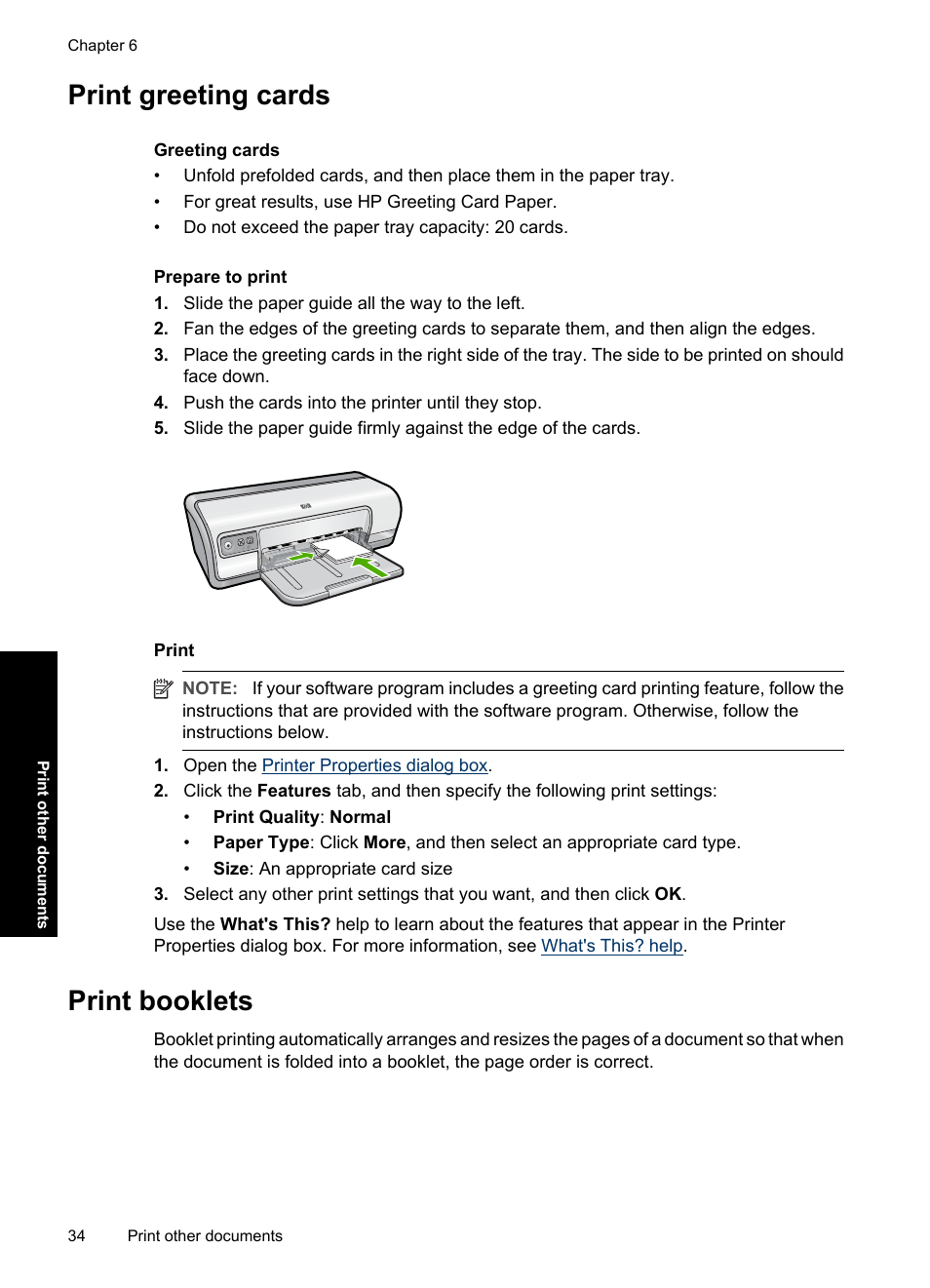 Print greeting cards, Print booklets, Print greeting cards print booklets | Greeting cards, Booklets | HP Deskjet D2560 Printer User Manual | Page 37 / 121