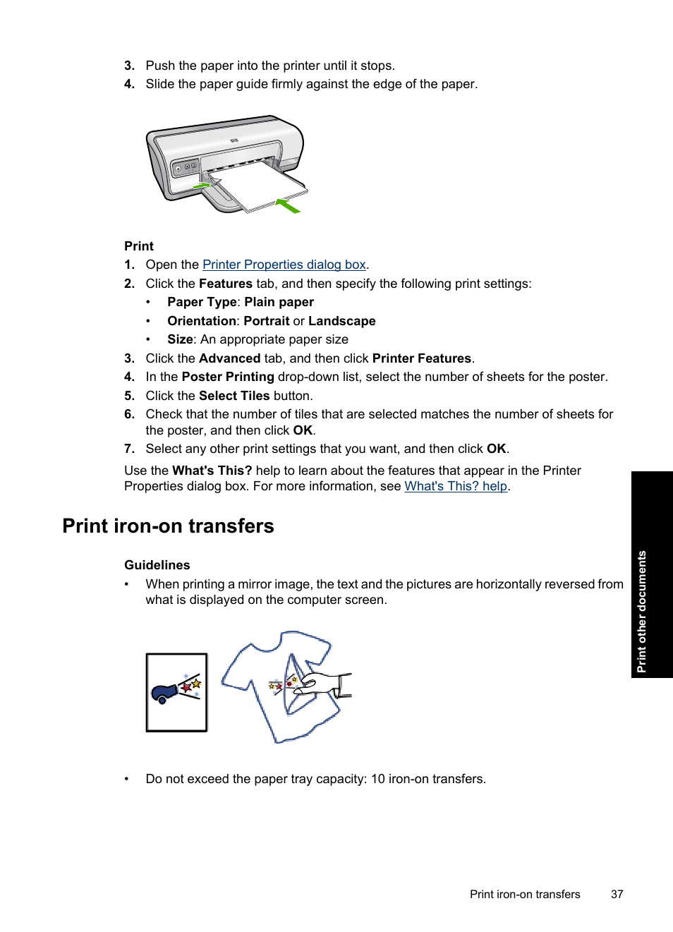 Print iron-on transfers, Iron-on transfers | HP Deskjet D2560 Printer User Manual | Page 40 / 121