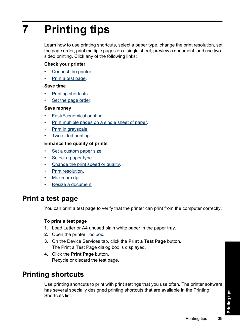 Printing tips, Printing shortcuts, 7 printing tips | 7printing tips, Print a test page | HP Deskjet D2560 Printer User Manual | Page 42 / 121