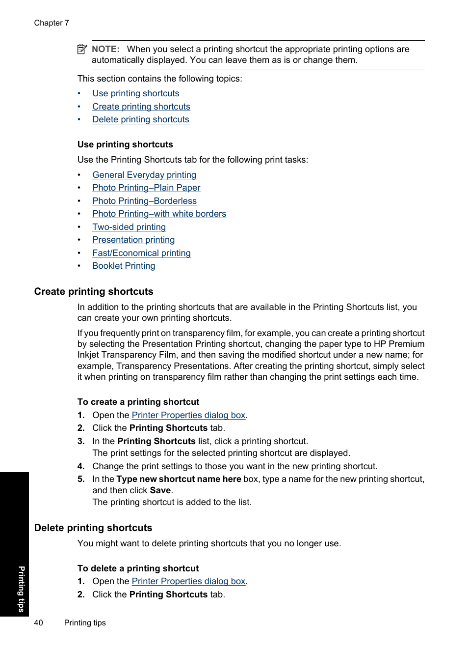 Create printing shortcuts, Delete printing shortcuts | HP Deskjet D2560 Printer User Manual | Page 43 / 121