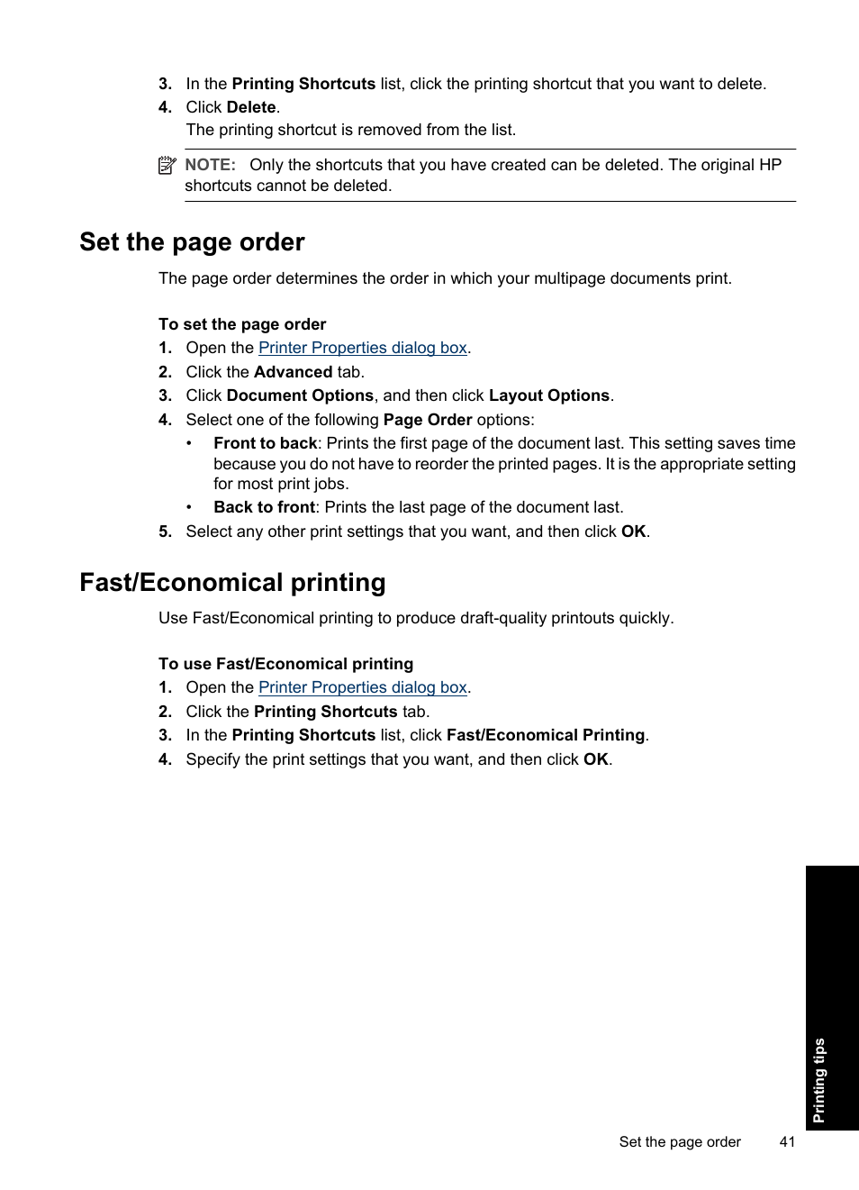 Fast/economical printing, Set the page order | HP Deskjet D2560 Printer User Manual | Page 44 / 121
