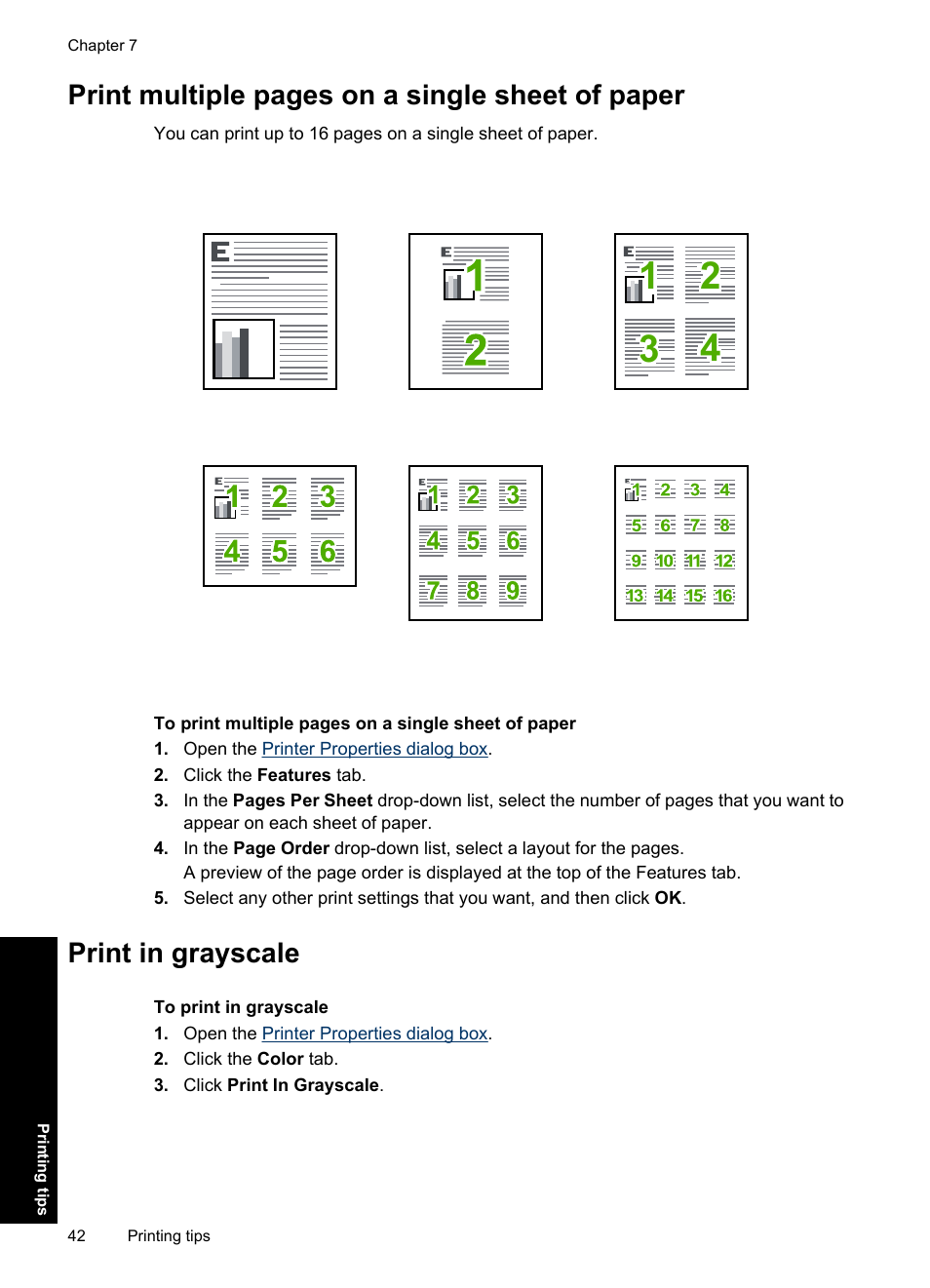 Print in grayscale, Print multiple pages on a single sheet of paper | HP Deskjet D2560 Printer User Manual | Page 45 / 121