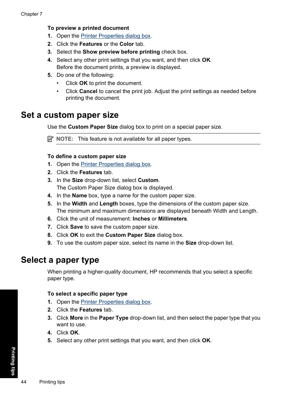 Set a custom paper size, Select a paper type, Set a custom paper size select a paper type | HP Deskjet D2560 Printer User Manual | Page 47 / 121
