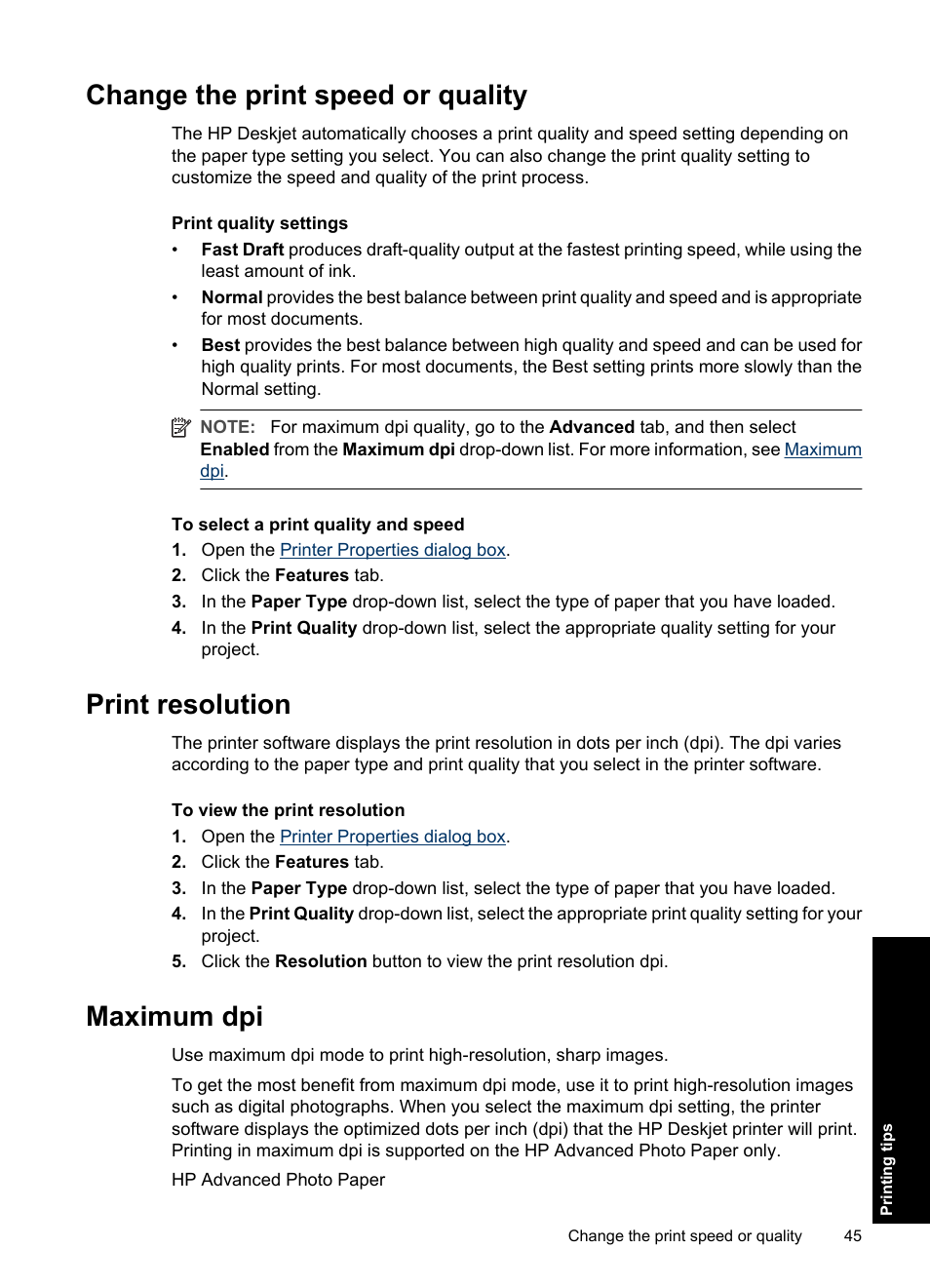 Change the print speed or quality, Print resolution, Maximum dpi | HP Deskjet D2560 Printer User Manual | Page 48 / 121