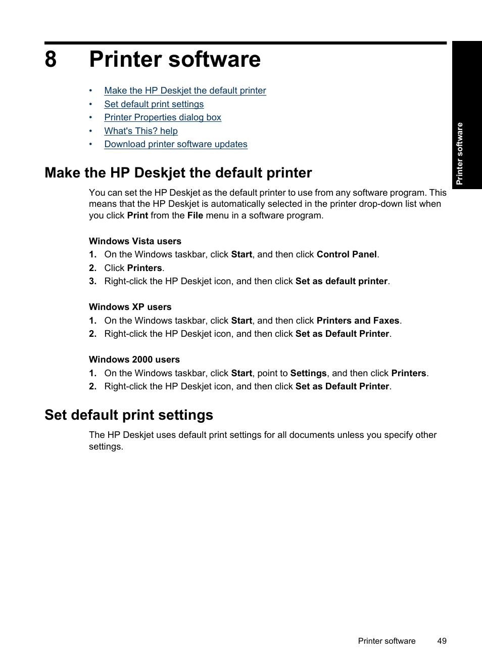 Printer software, Make the hp deskjet the default printer, Set default print settings | 8 printer software, 8printer software | HP Deskjet D2560 Printer User Manual | Page 52 / 121