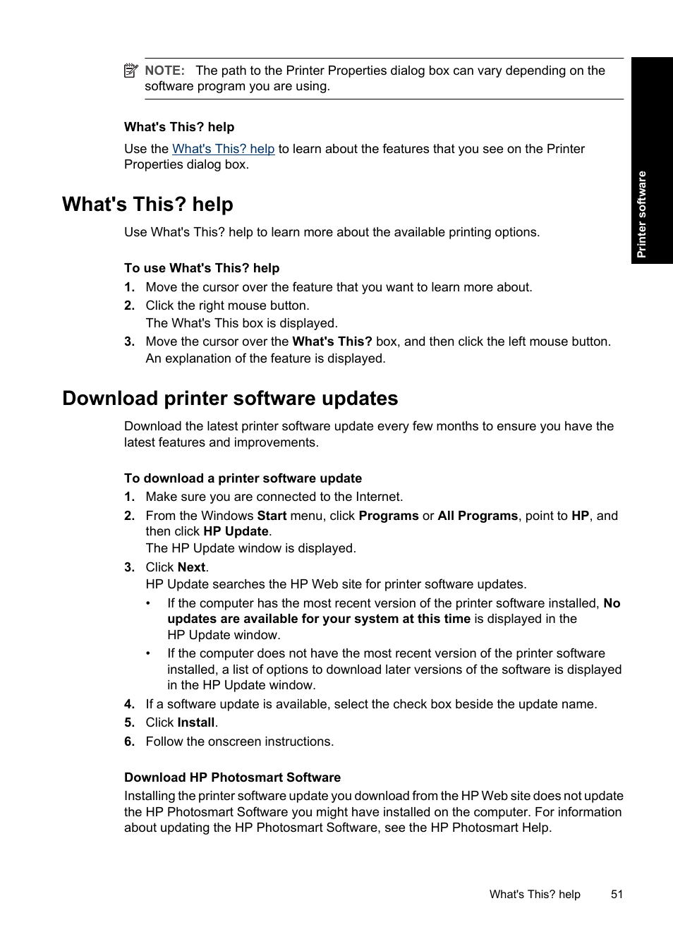 What's this? help, Download printer software updates | HP Deskjet D2560 Printer User Manual | Page 54 / 121