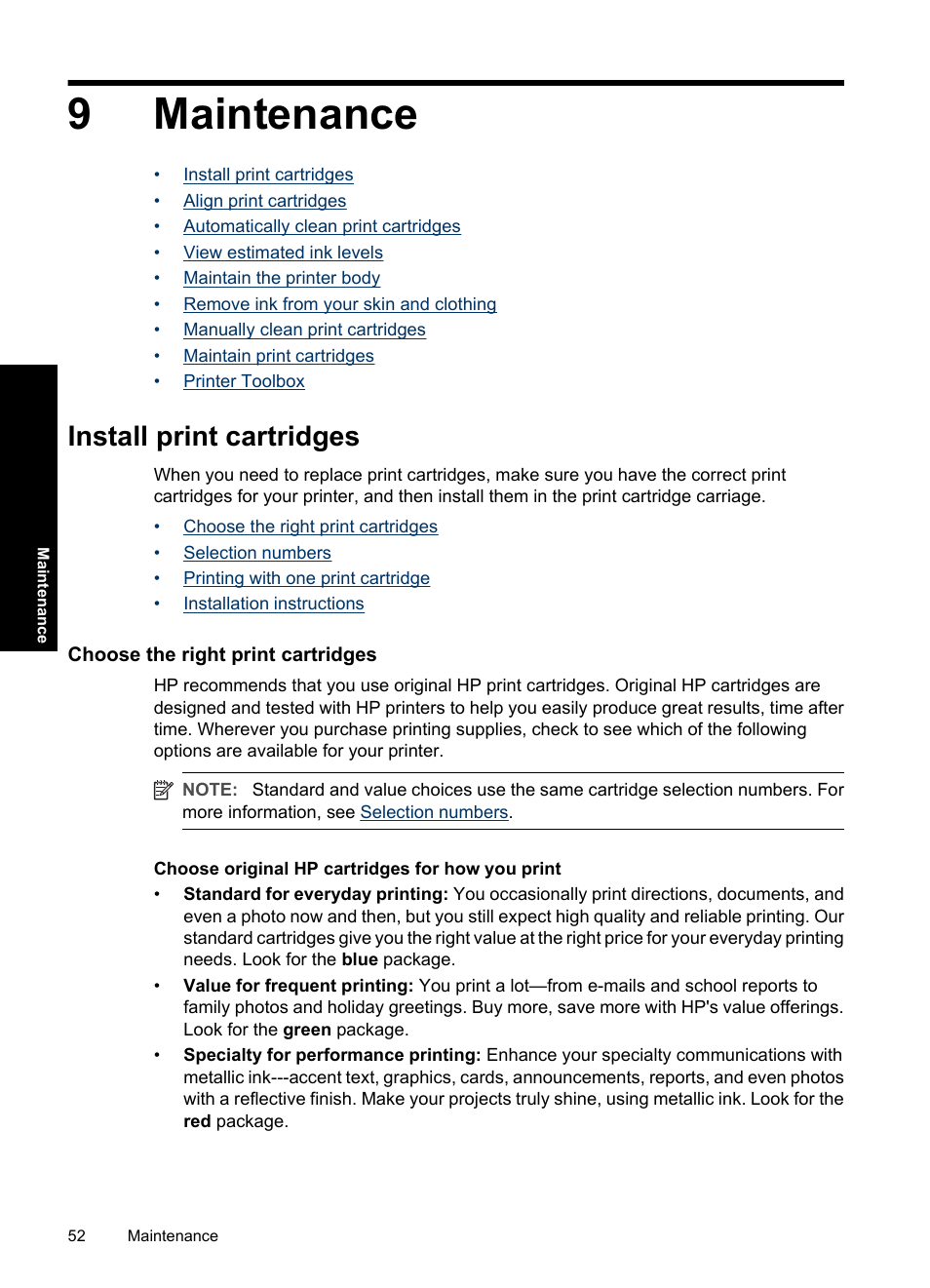 Maintenance, Install print cartridges, Choose the right print cartridges | 9 maintenance, 9maintenance | HP Deskjet D2560 Printer User Manual | Page 55 / 121