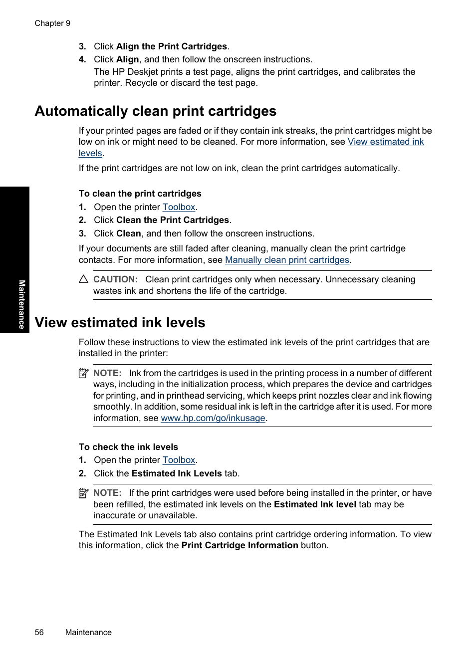 Automatically clean print cartridges, View estimated ink levels, View | Estimated ink levels | HP Deskjet D2560 Printer User Manual | Page 59 / 121