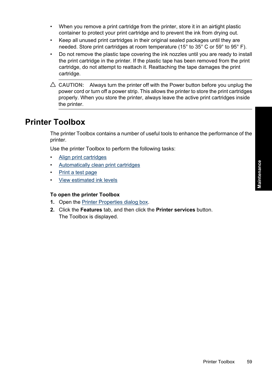 Printer toolbox, Click the, Toolbox | HP Deskjet D2560 Printer User Manual | Page 62 / 121