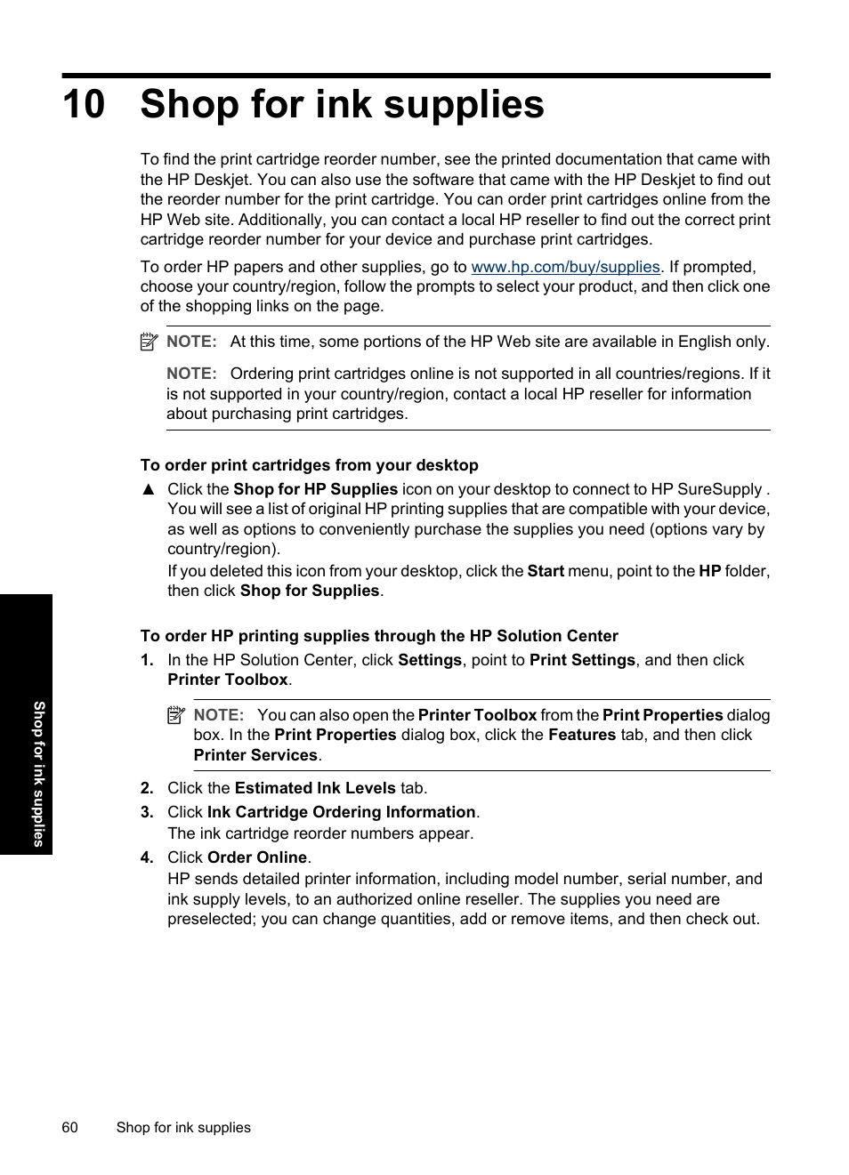 Shop for ink supplies, 10 shop for ink supplies | HP Deskjet D2560 Printer User Manual | Page 63 / 121