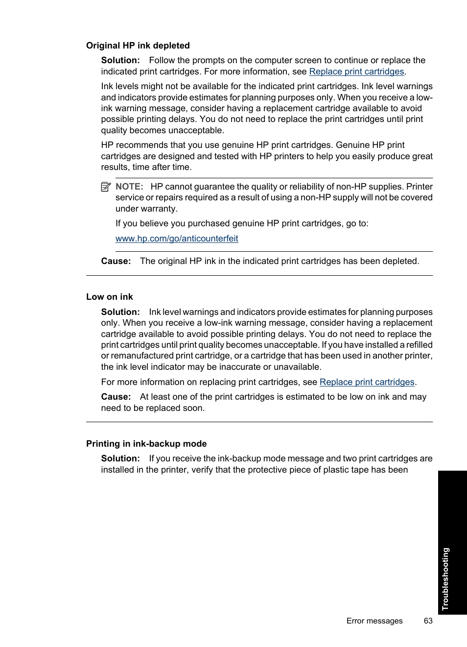 Original hp ink depleted, Low on ink, Printing in ink-backup mode | HP Deskjet D2560 Printer User Manual | Page 66 / 121