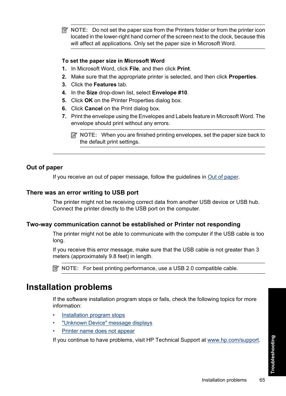 Out of paper, There was an error writing to usb port, Installation problems | HP Deskjet D2560 Printer User Manual | Page 68 / 121