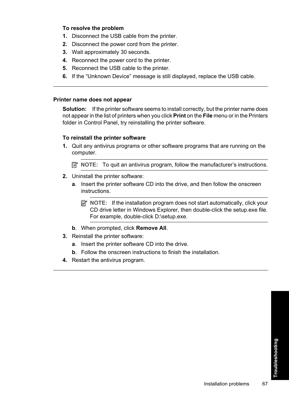 Printer name does not appear | HP Deskjet D2560 Printer User Manual | Page 70 / 121
