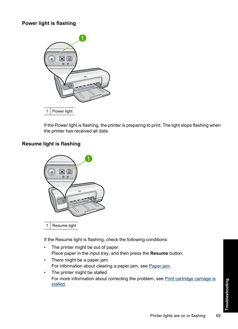 Power light is flashing, Resume light is flashing | HP Deskjet D2560 Printer User Manual | Page 72 / 121