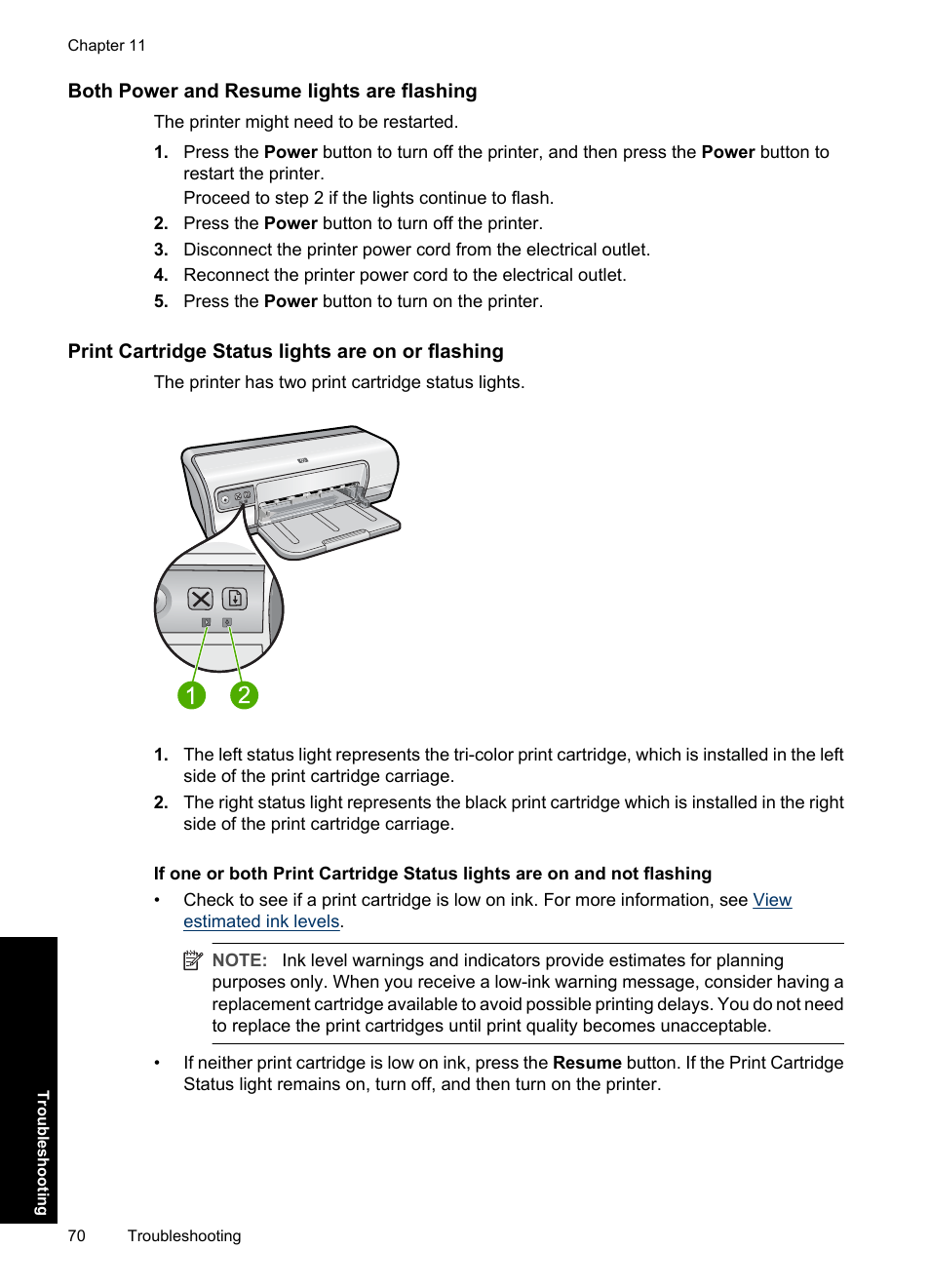 Both power and resume lights are flashing, Print cartridge status lights are on or flashing | HP Deskjet D2560 Printer User Manual | Page 73 / 121