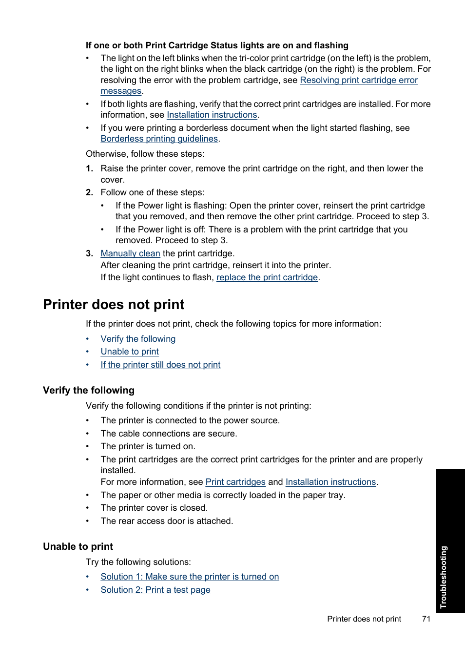 Printer does not print, Verify the following, Unable to print | HP Deskjet D2560 Printer User Manual | Page 74 / 121