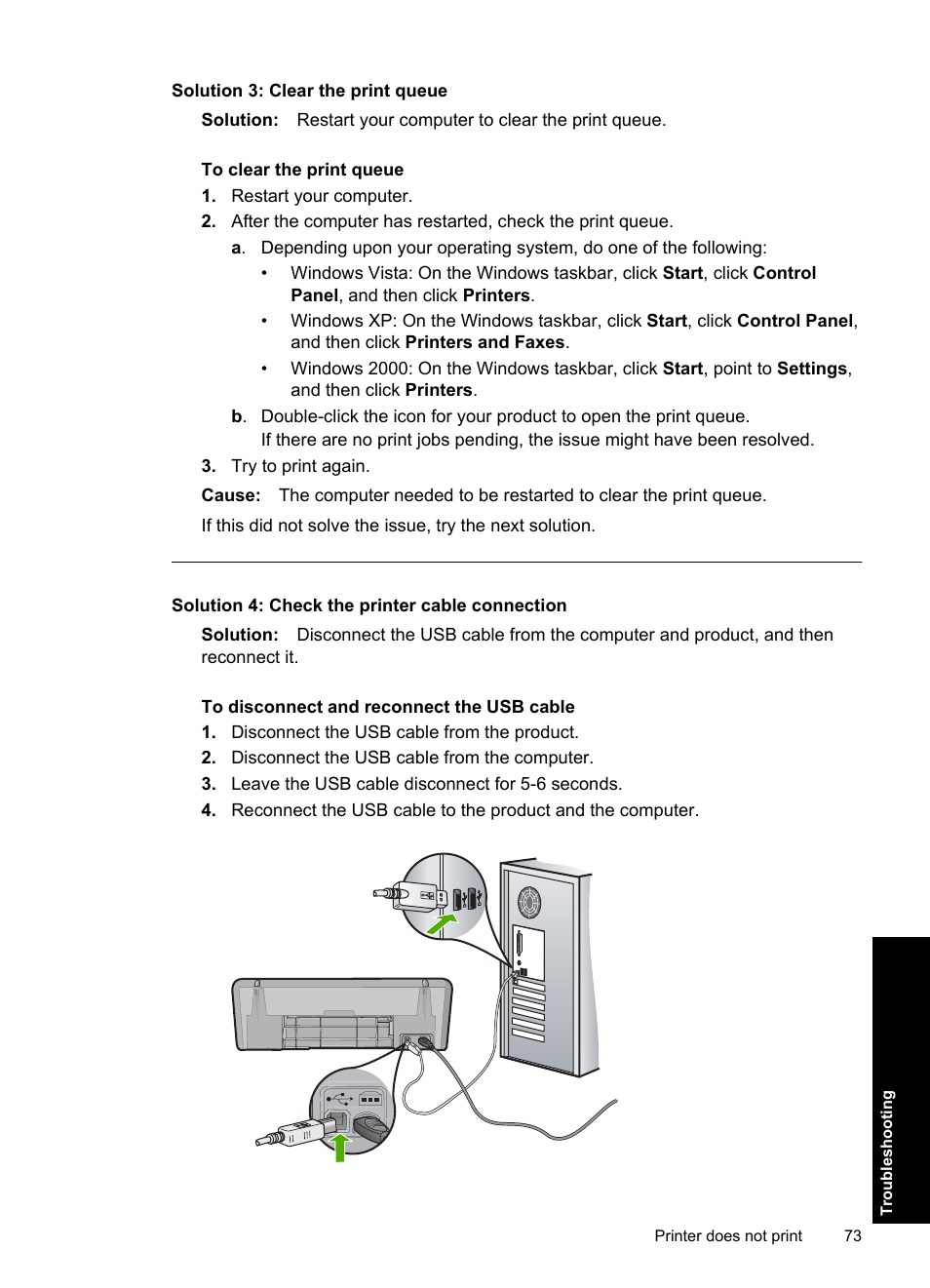 Solution 3: clear the print queue, Solution 4: check the printer cable connection | HP Deskjet D2560 Printer User Manual | Page 76 / 121
