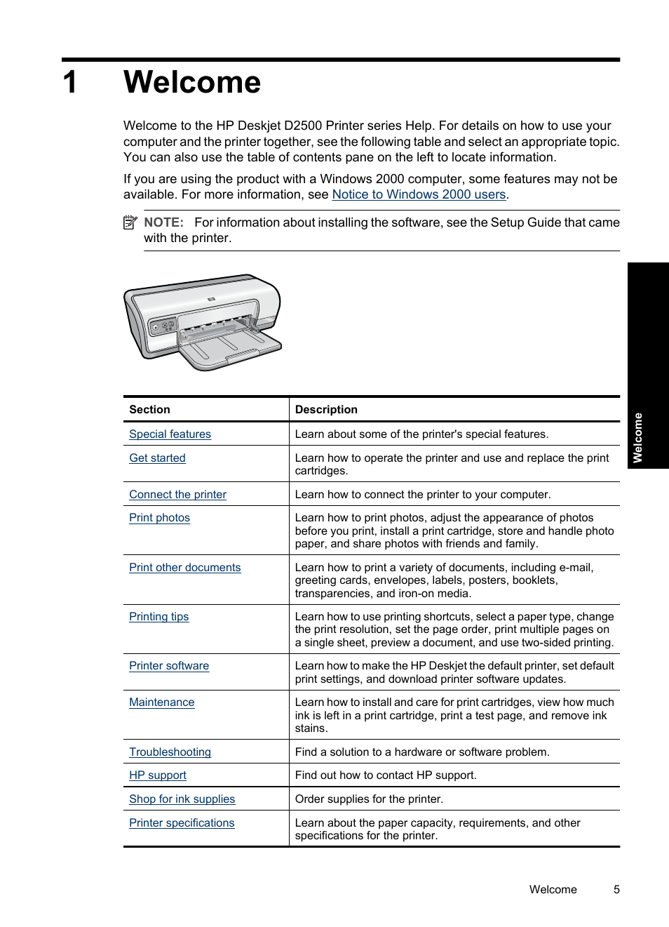 Welcome, 1 welcome, 1welcome | HP Deskjet D2560 Printer User Manual | Page 8 / 121