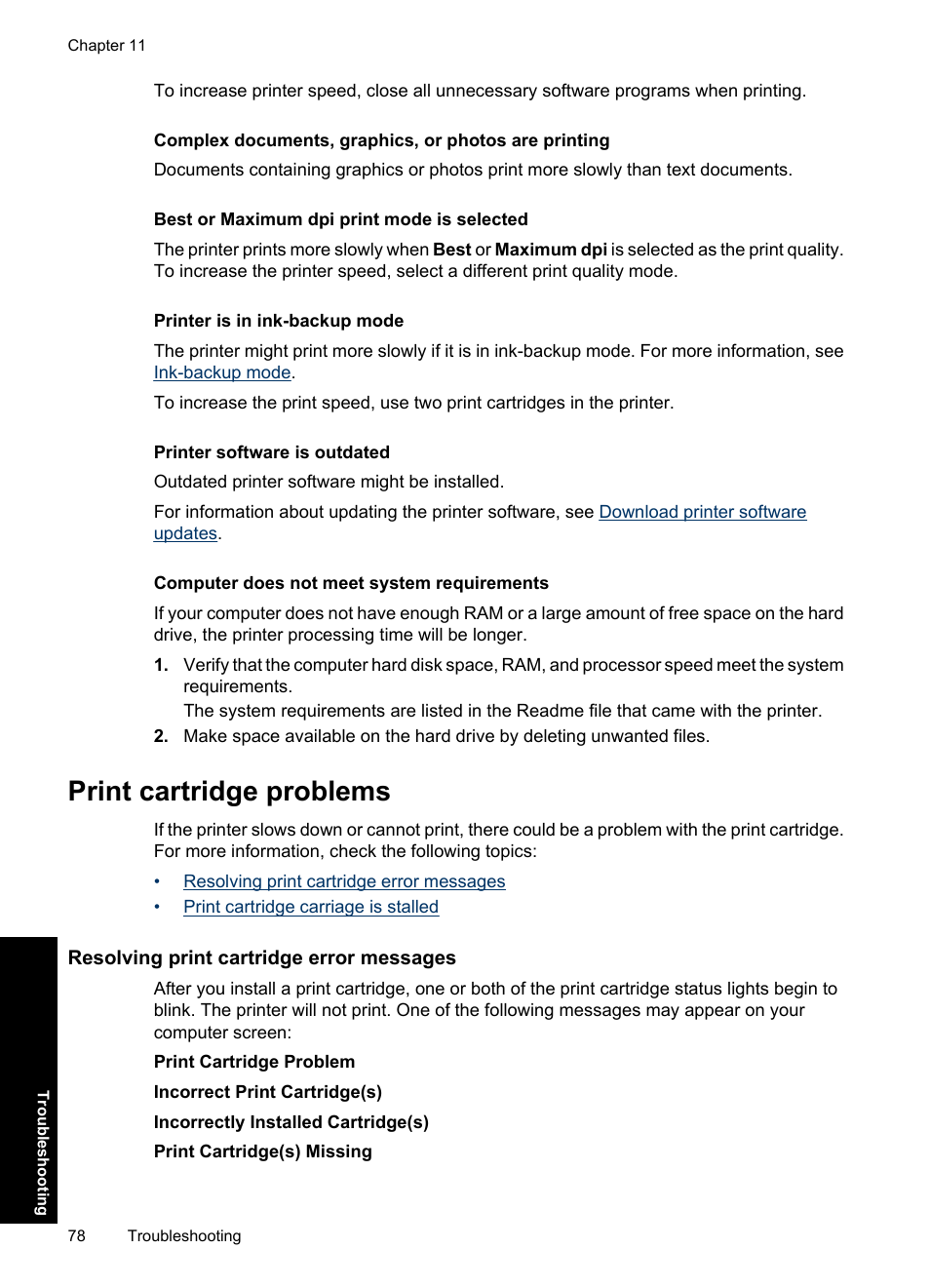 Print cartridge problems, Resolving print cartridge error messages, Resolving print cartridge error | Messages, Best or maximum dpi print mode is selected, Printer is in ink-backup mode, Printer software is outdated, Computer does not meet system requirements | HP Deskjet D2560 Printer User Manual | Page 81 / 121