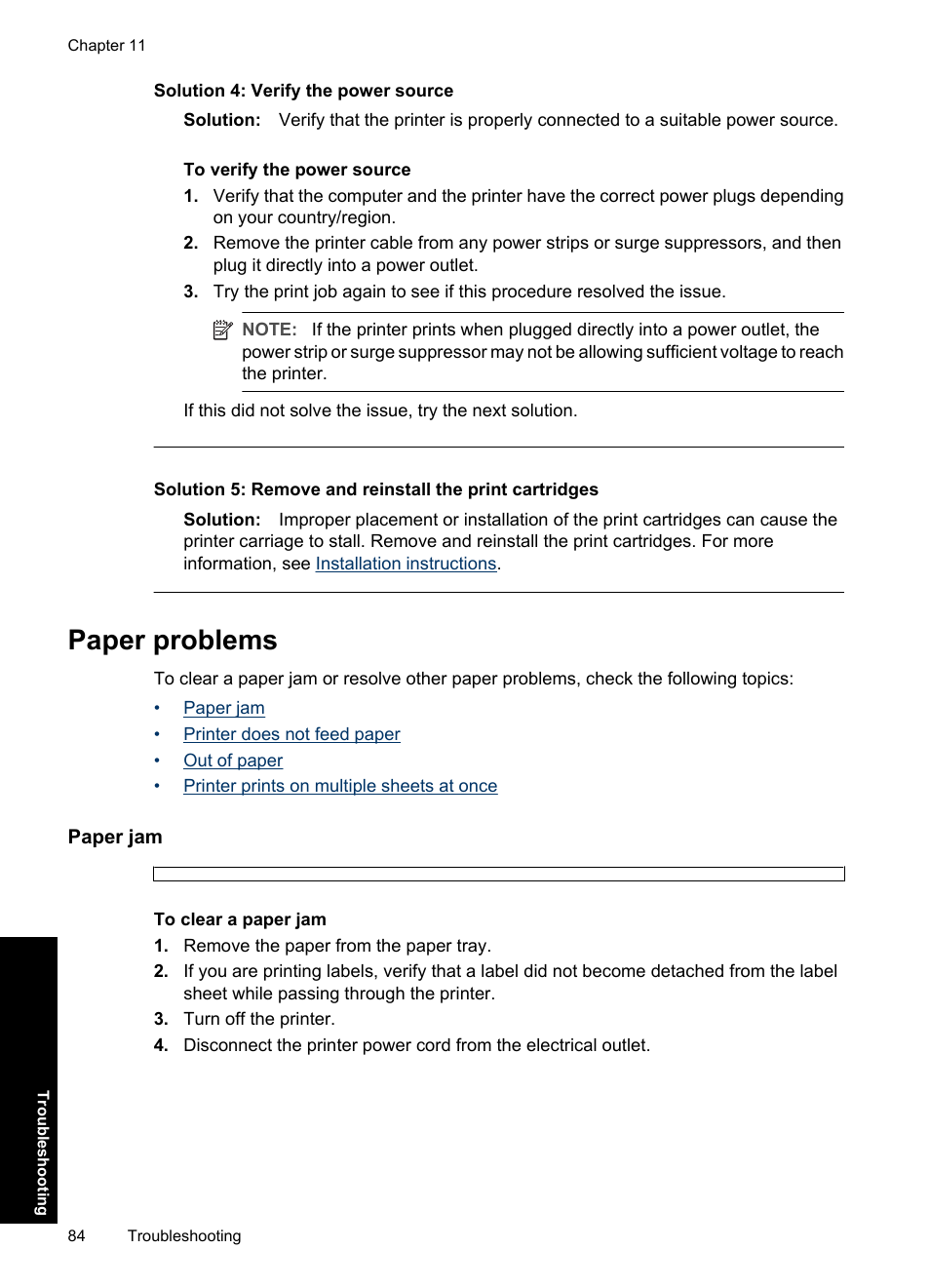 Paper problems, Paper jam, Solution 4: verify the power source | Paper | HP Deskjet D2560 Printer User Manual | Page 87 / 121