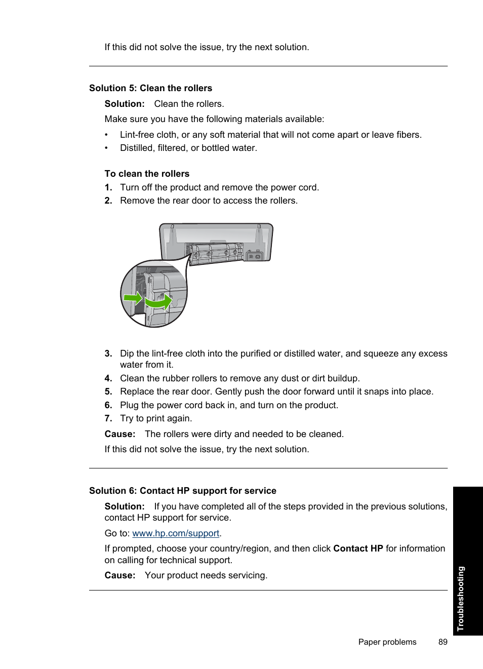 Solution 5: clean the rollers, Solution 6: contact hp support for service | HP Deskjet D2560 Printer User Manual | Page 92 / 121