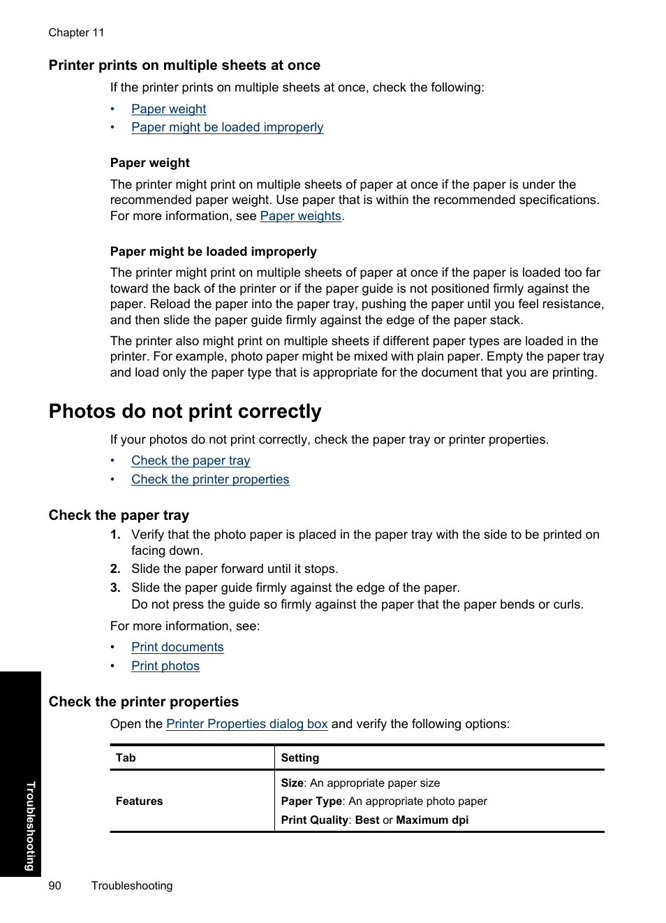 Printer prints on multiple sheets at once, Photos do not print correctly, Check the paper tray | Check the printer properties, Check the paper tray check the printer properties | HP Deskjet D2560 Printer User Manual | Page 93 / 121